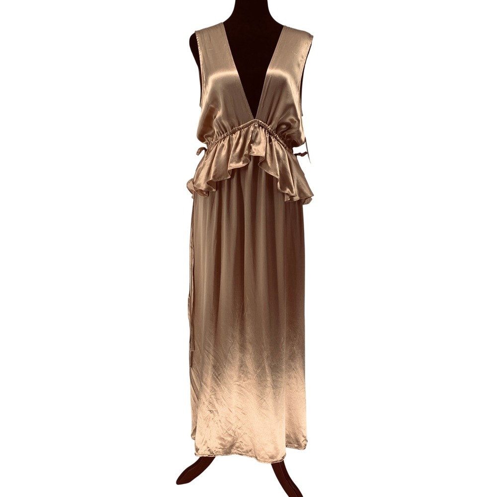 Topshop Womens Size 6 Champagne Gold Satin Deep V-Neck Peplum Maxi Dress